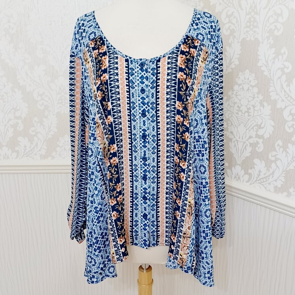 Style & Co Blue White Pink Boho Blouse Button Up Size XL